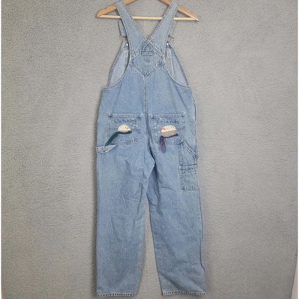 Gap Kids Girls Medium Wash Denim Bib Overalls Size XXL (14-16) Loose Embroidered